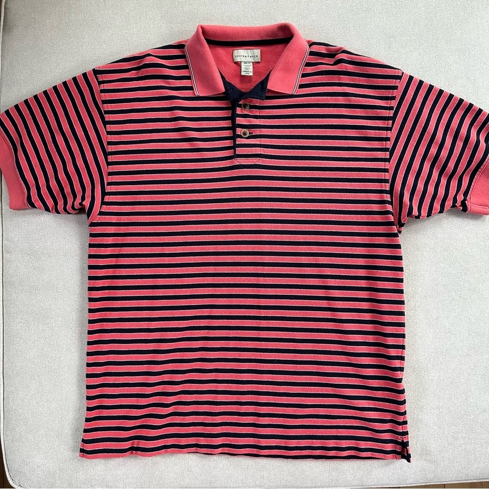 Cutter & Buck Striped Cotton Polo Shirt. Coral/Black. 1XB